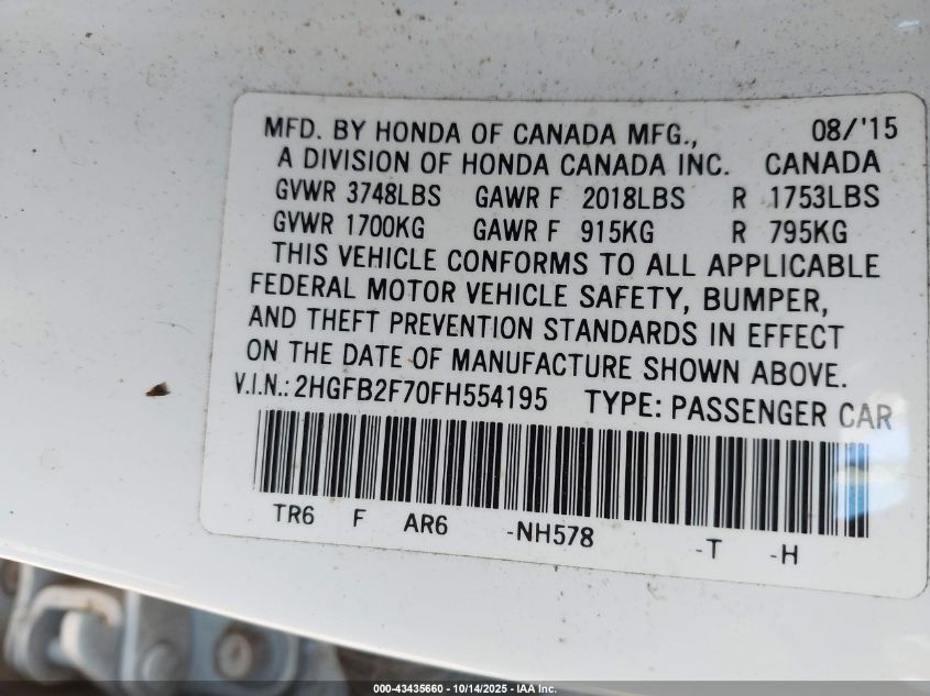 2015 Honda Civic Se VIN: 2HGFB2F70FH554195 Lot: 43435660