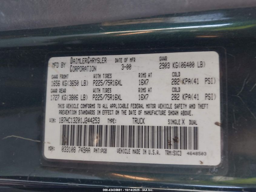 2001 Dodge Ram 1500 St VIN: 1B7HC13Z01J244253 Lot: 43435661