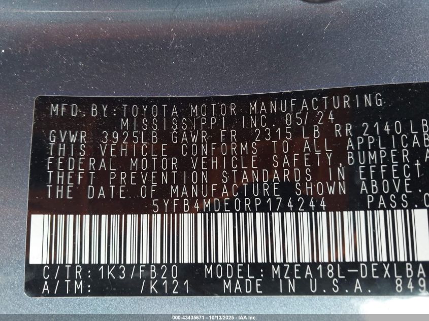 2024 Toyota Corolla Le VIN: 5YFB4MDE0RP174244 Lot: 43435671