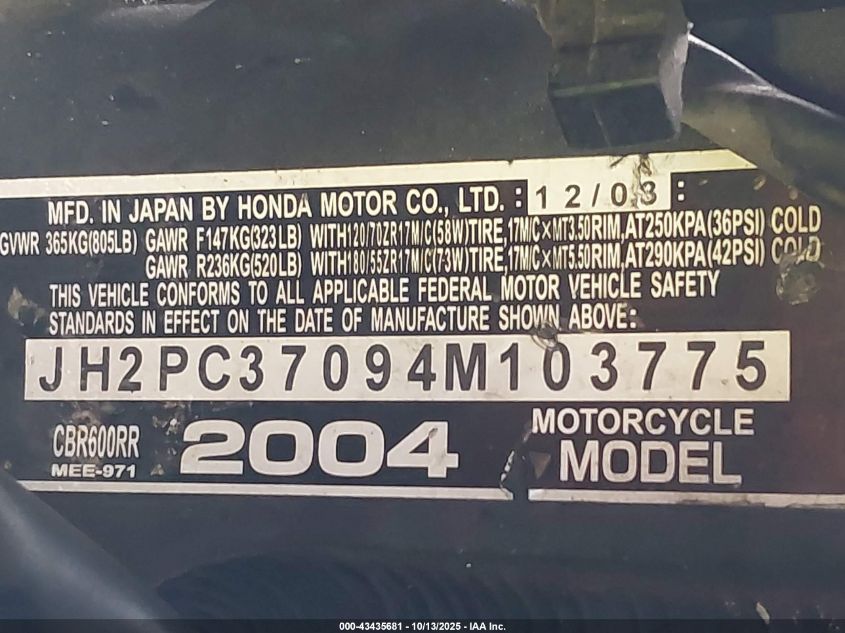 2004 Honda Cbr600 Rr VIN: JH2PC37094M103775 Lot: 43435681