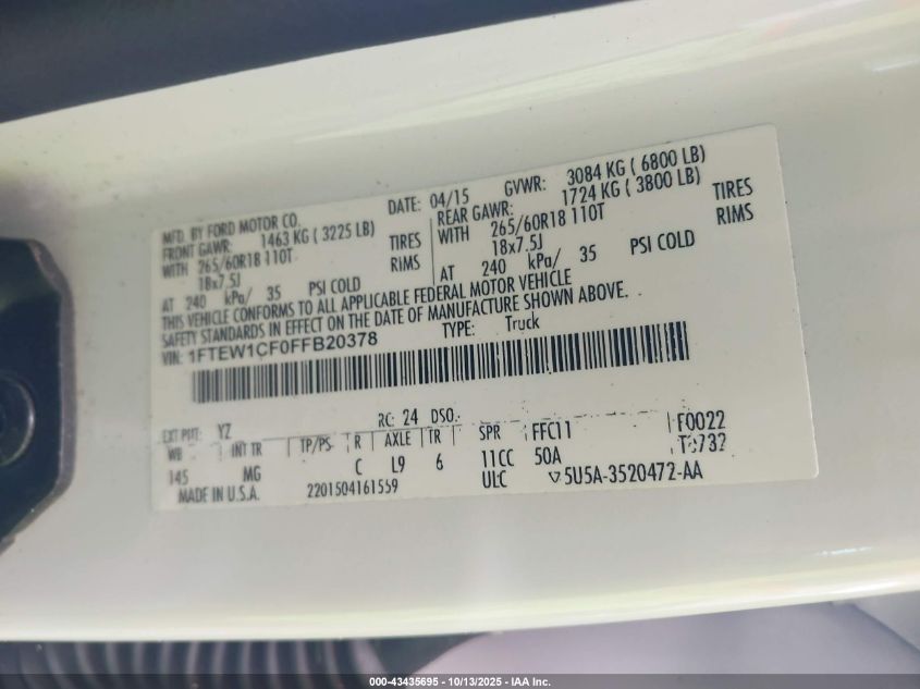2015 Ford F-150 Xlt VIN: 1FTEW1CF0FFB20378 Lot: 43435695