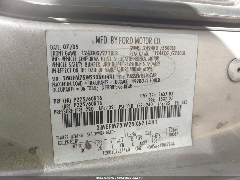 2005 Mercury Grand Marquis Ls/Lse VIN: 2MEFM75W25X671441 Lot: 43435697