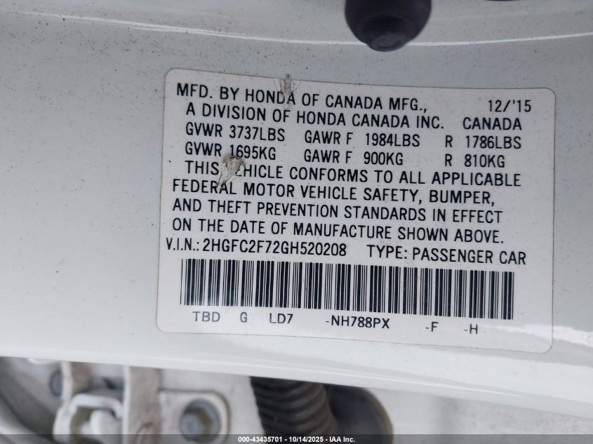2016 Honda Civic Ex VIN: 2HGFC2F72GH520208 Lot: 43435701