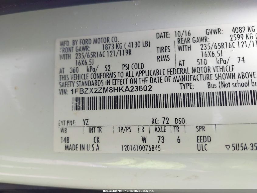 2017 Ford Transit-350 Xlt VIN: 1FBZX2ZM8HKA23602 Lot: 43435708