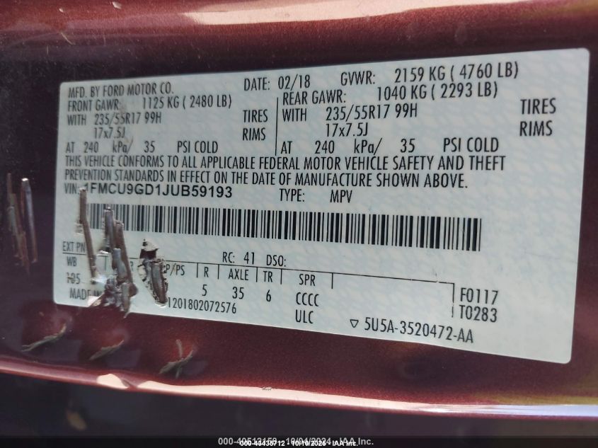 2018 Ford Escape Se VIN: 1FMCU9GD1JUB59193 Lot: 43435712