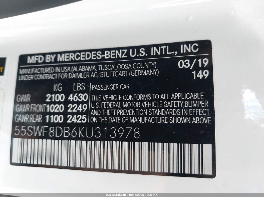 2019 Mercedes-Benz C 300 VIN: 55SWF8DB6KU313978 Lot: 43435730