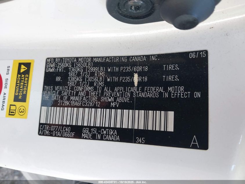 2015 Lexus Rx 350 VIN: 2T2BK1BA6FC328712 Lot: 43435731