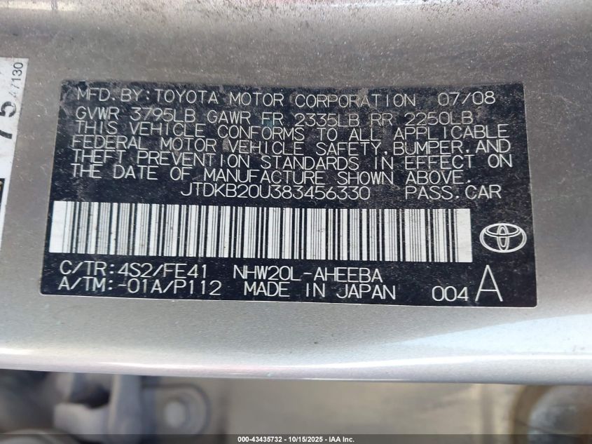 2008 Toyota Prius VIN: JTDKB20U383456330 Lot: 43435732