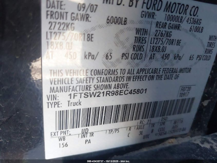 2008 Ford F-250 Fx4/Harley-Davidson/King Ranch/Lariat/Xl/Xlt VIN: 1FTSW21R98EC45801 Lot: 43435737