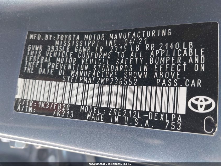 2021 Toyota Corolla Le VIN: 5YFEPMAE2MP236552 Lot: 43435742