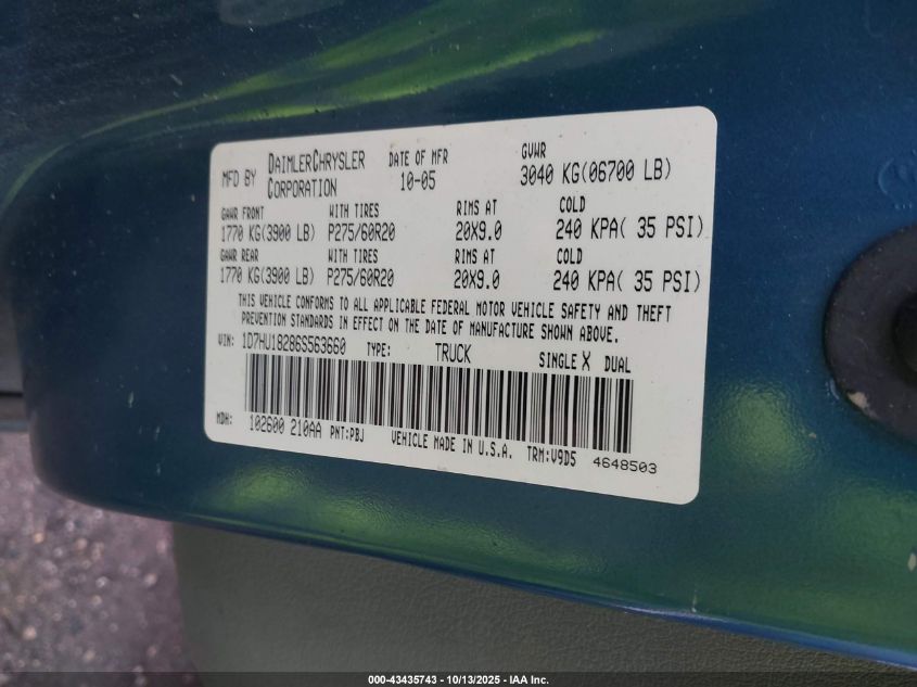 2006 Dodge Ram 1500 Slt/Trx4 Off Road/Sport VIN: 1D7HU18286S563660 Lot: 43435743