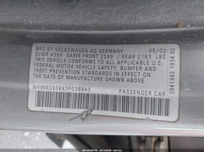 2003 Volkswagen Passat Gl VIN: WVWMD63BX3P038840 Lot: 43435749