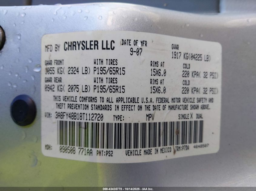 2008 Chrysler Pt Cruiser Lx VIN: 3A8FY48B18T112720 Lot: 43435778