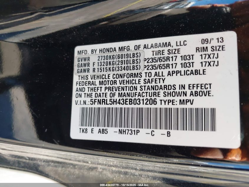 2014 Honda Odyssey Ex VIN: 5FNRL5H43EB031206 Lot: 43435779