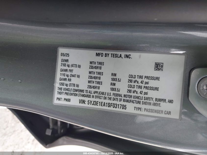 2025 Tesla Model 3 Long Range Rear-Wheel Drive VIN: 5YJ3E1EA1SF031705 Lot: 43435780