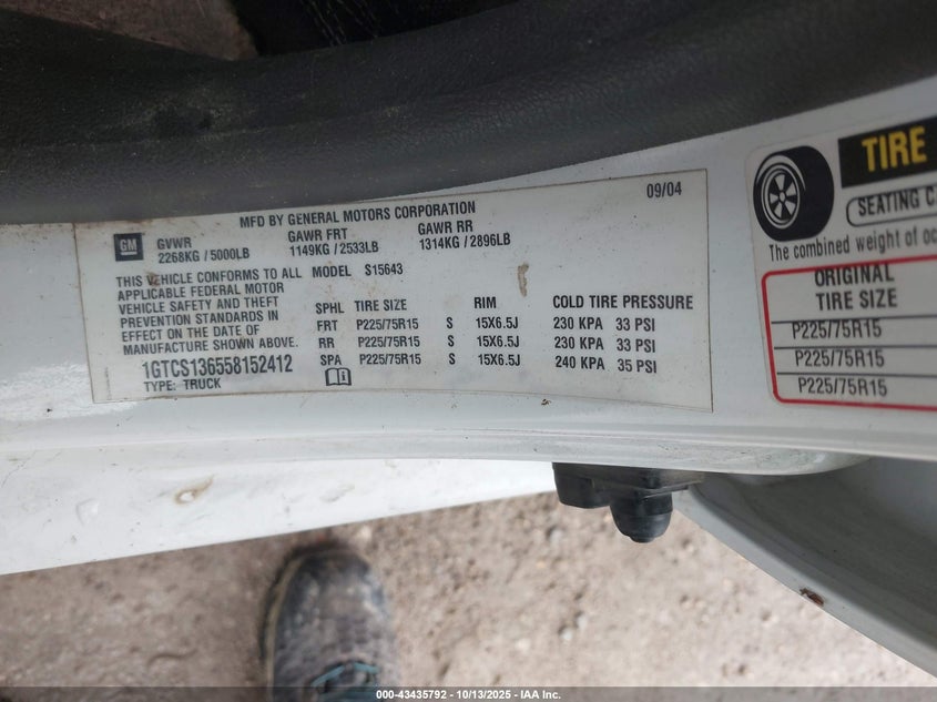 2005 GMC Canyon Sle VIN: 1GTCS136558152412 Lot: 43435792