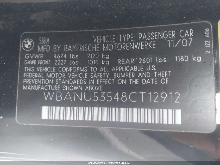 2008 BMW 528I VIN: WBANU53548CT12912 Lot: 43435793
