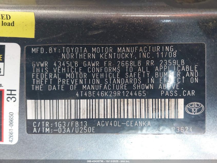 2009 Toyota Camry Le VIN: 4T4BE46K29R124465 Lot: 43435798