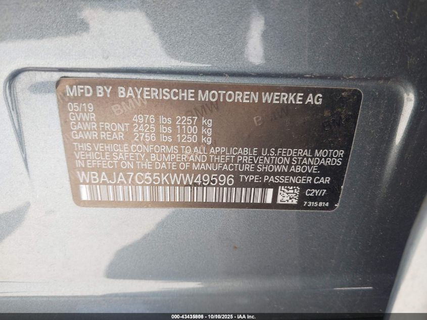 2019 BMW 530I xDrive VIN: WBAJA7C55KWW49596 Lot: 43435806