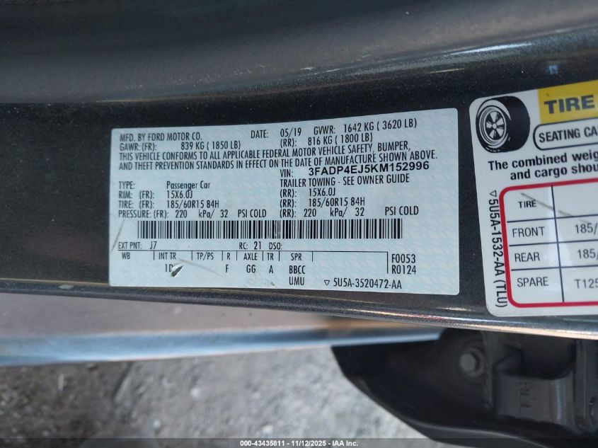 2019 Ford Fiesta Se VIN: 3FADP4EJ5KM152996 Lot: 43435811