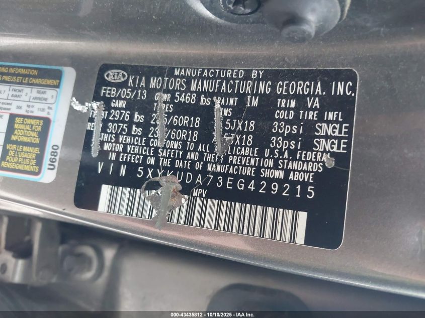 2014 Kia Sorento Ex V6 VIN: 5XYKUDA73EG429215 Lot: 43435812