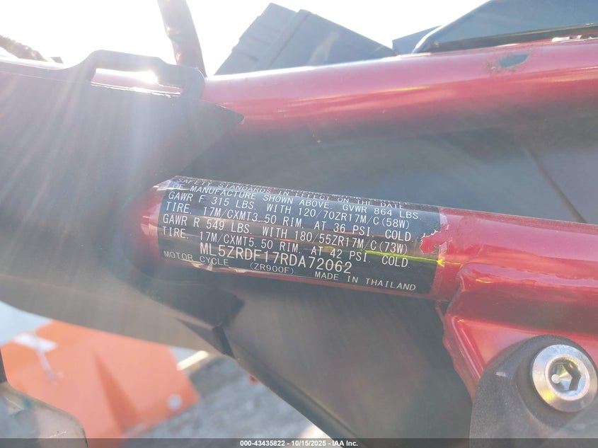 2024 Kawasaki Zr900 F VIN: ML5ZRDF17RDA72062 Lot: 43435822