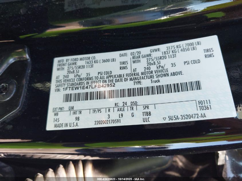 2020 Ford F-150 Platinum VIN: 1FTEW1E47LFB42952 Lot: 43435823
