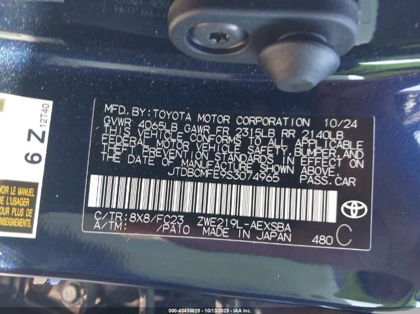 2025 Toyota Corolla Hybrid Se VIN: JTDBCMFE9S3074965 Lot: 43435839