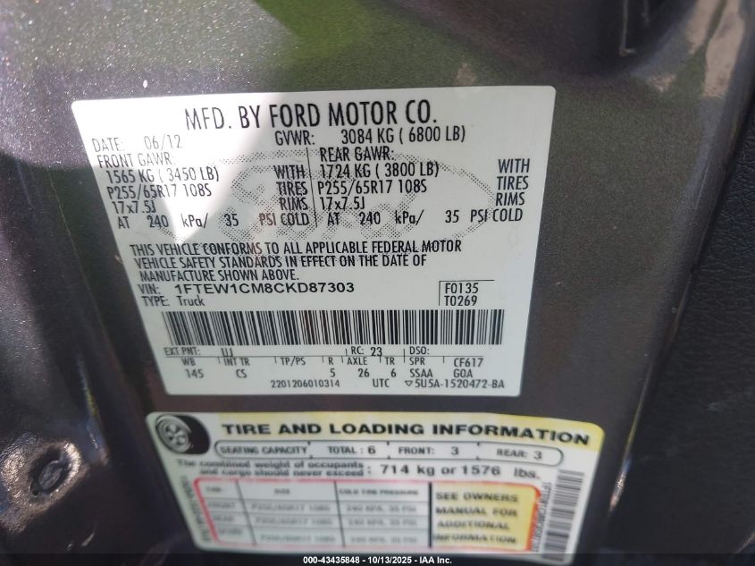2012 Ford F-150 Xl VIN: 1FTEW1CM8CKD87303 Lot: 43435848