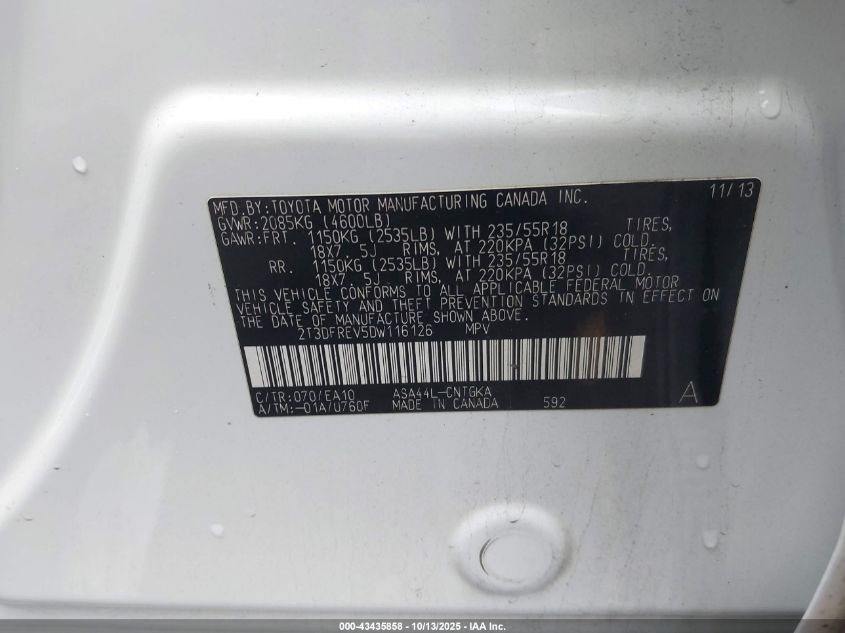 2013 Toyota Rav4 Limited VIN: 2T3DFREV5DW116126 Lot: 43435858