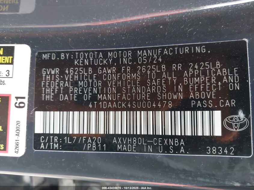 2025 Toyota Camry Le VIN: 4T1DAACK4SU004478 Lot: 43435870