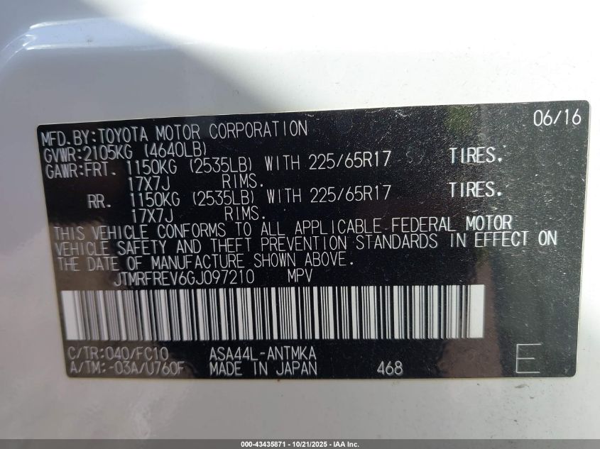 2016 Toyota Rav4 Xle VIN: JTMRFREV6GJ097210 Lot: 43435871