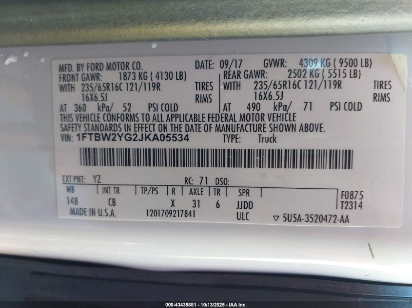 2018 Ford Transit-350 VIN: 1FTBW2YG2JKA05534 Lot: 43435881