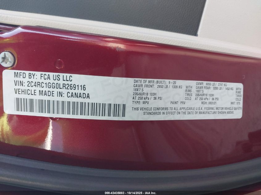 2020 Chrysler Pacifica Limited VIN: 2C4RC1GG0LR269116 Lot: 43435883