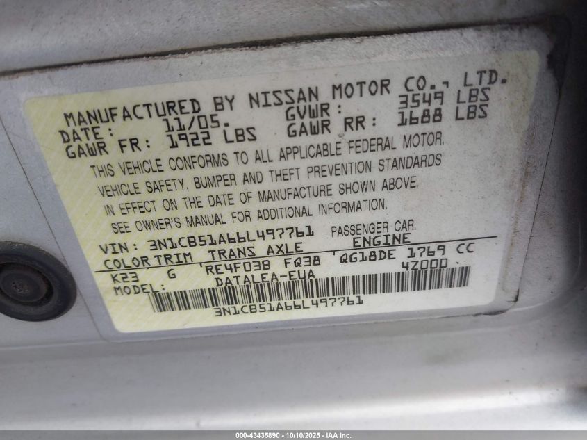 2006 Nissan Sentra 1.8S VIN: 3N1CB51A66L497761 Lot: 43435890