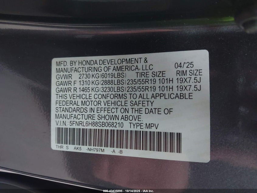 5FNRL6H88SB068210 2025 HONDA ODYSSEY photo no. 9