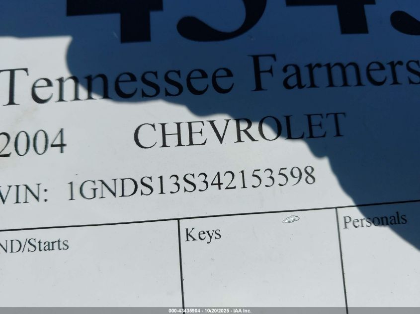 2004 Chevrolet Trailblazer Ls VIN: 1GNDS13S342153598 Lot: 43435904