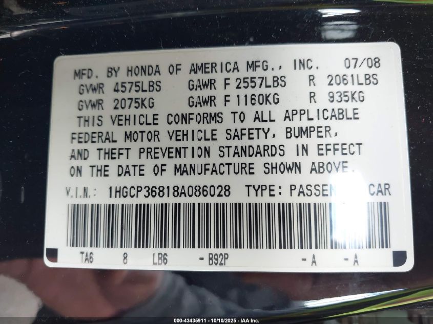 2008 Honda Accord 3.5 Ex-L VIN: 1HGCP36818A086028 Lot: 43435911