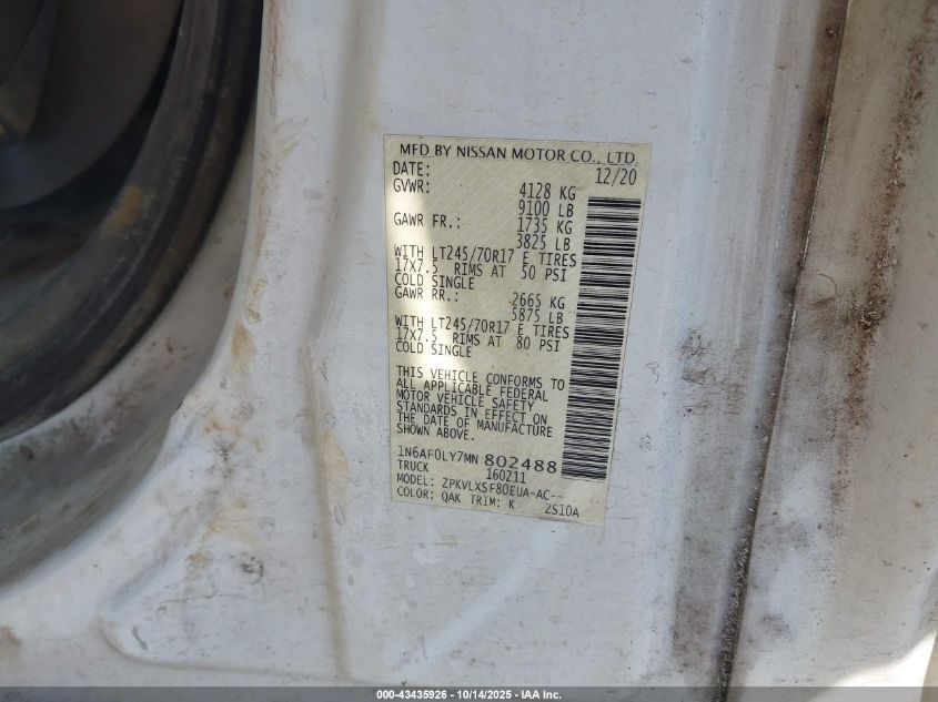 2021 Nissan Nv Cargo Nv2500 Hd Sv High Roof V8 VIN: 1N6AF0LY7MN802488 Lot: 43435926