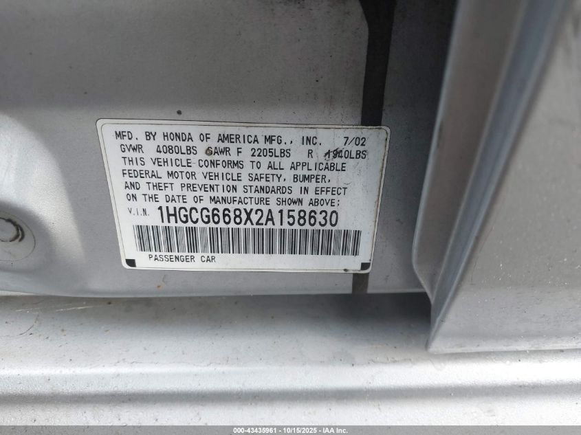 2002 Honda Accord Ex/Se VIN: 1HGCG668X2A158630 Lot: 43435961
