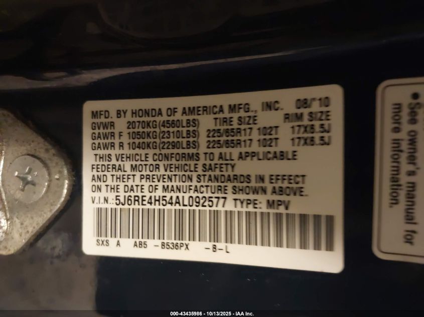 2010 Honda Cr-V Ex VIN: 5J6RE4H54AL092577 Lot: 43435986