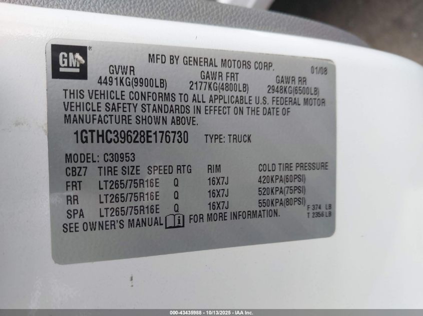 2008 GMC Sierra 3500Hd Work Truck VIN: 1GTHC39628E176730 Lot: 43435988