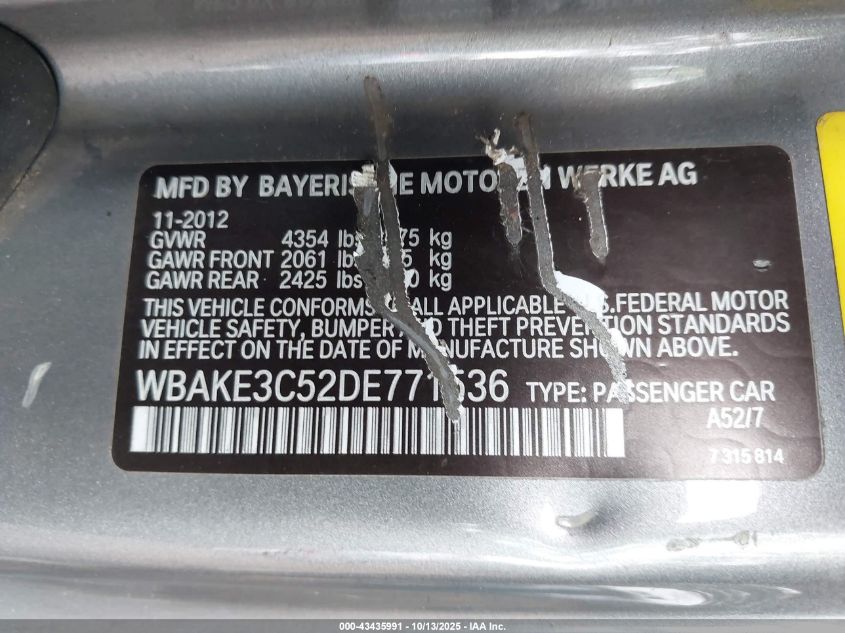2013 BMW 328I VIN: WBAKE3C52DE771536 Lot: 43435991