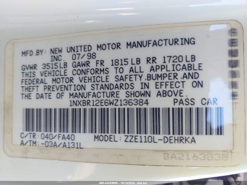 1998 Toyota Corolla Ve VIN: 1NXBR12E6WZ136384 Lot: 43435995