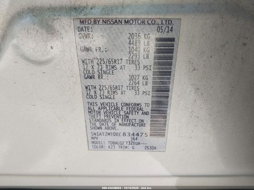 2014 Nissan Rogue Sv VIN: 5N1AT2MT0EC834475 Lot: 43436004