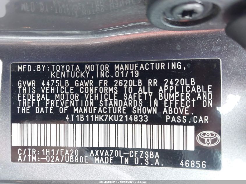 2019 Toyota Camry Se VIN: 4T1B11HK7KU214833 Lot: 43436013