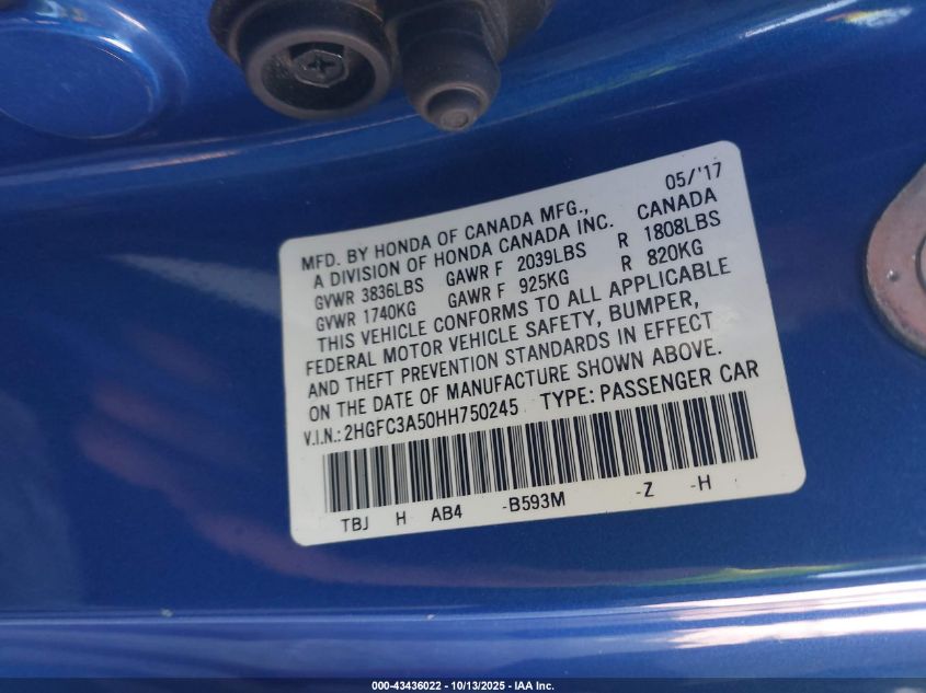 2017 Honda Civic Si VIN: 2HGFC3A50HH750245 Lot: 43436022