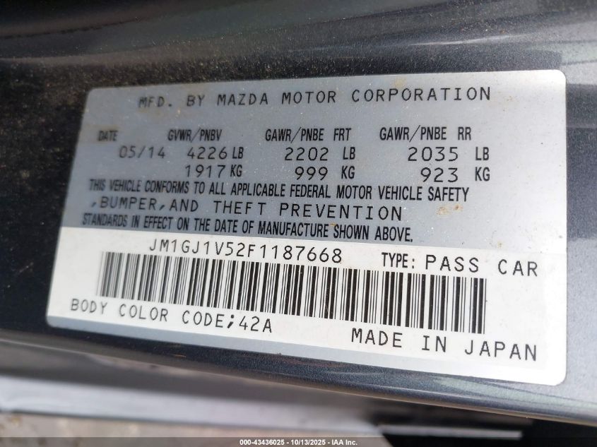 2015 Mazda Mazda6 I Touring VIN: JM1GJ1V52F1187668 Lot: 43436025