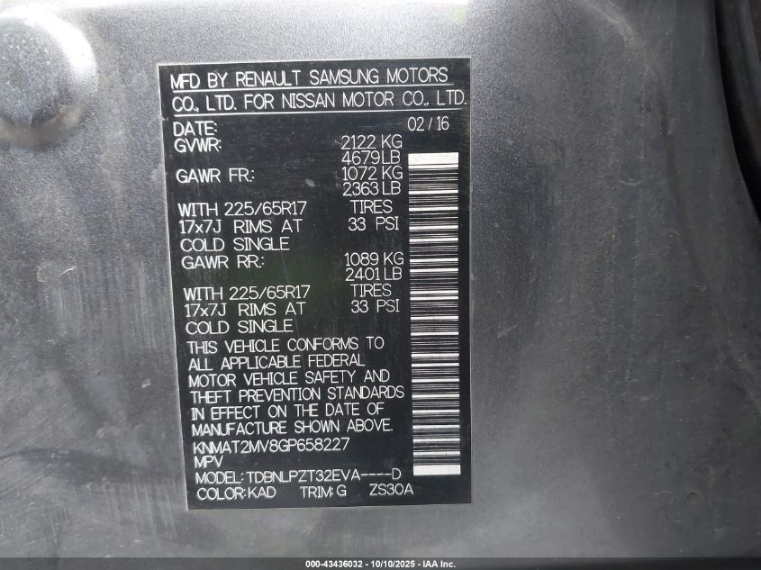 2016 Nissan Rogue S VIN: KNMAT2MV8GP658227 Lot: 43436032