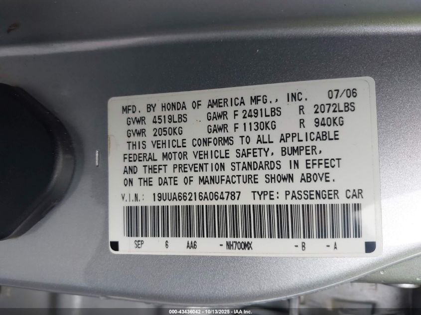 2006 Acura Tl VIN: 19UUA66216A064787 Lot: 43436042
